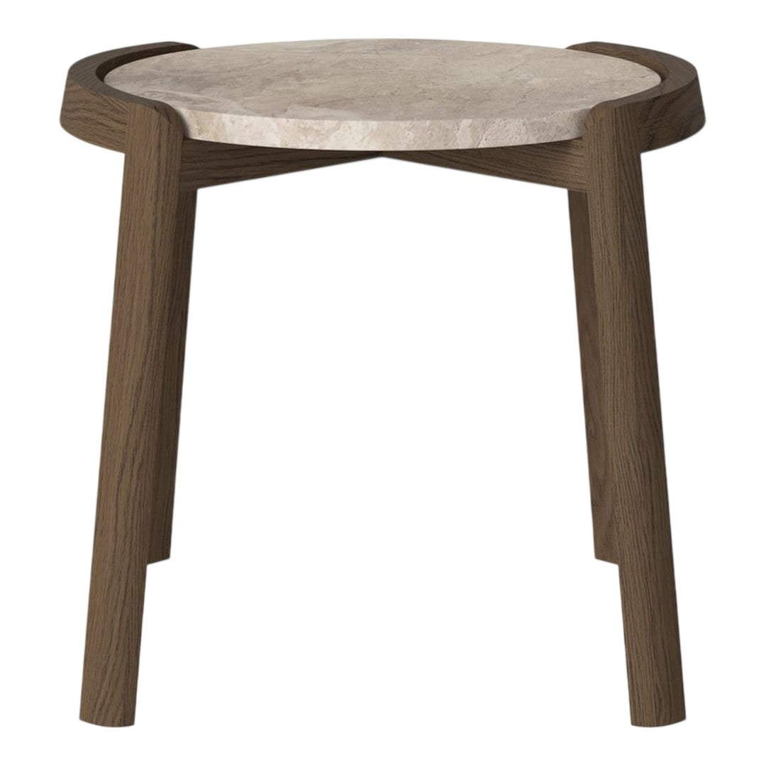 Light marble top with a natural wood base; smooth, modern design suitable for any decor style.