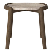 Light marble top with a natural wood base; smooth, modern design suitable for any decor style.