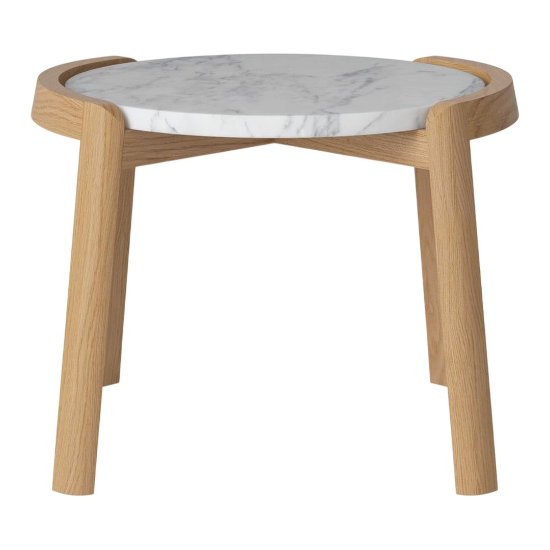 Round marble-top side table with a natural wood base, featuring a smooth white and grey marble pattern.