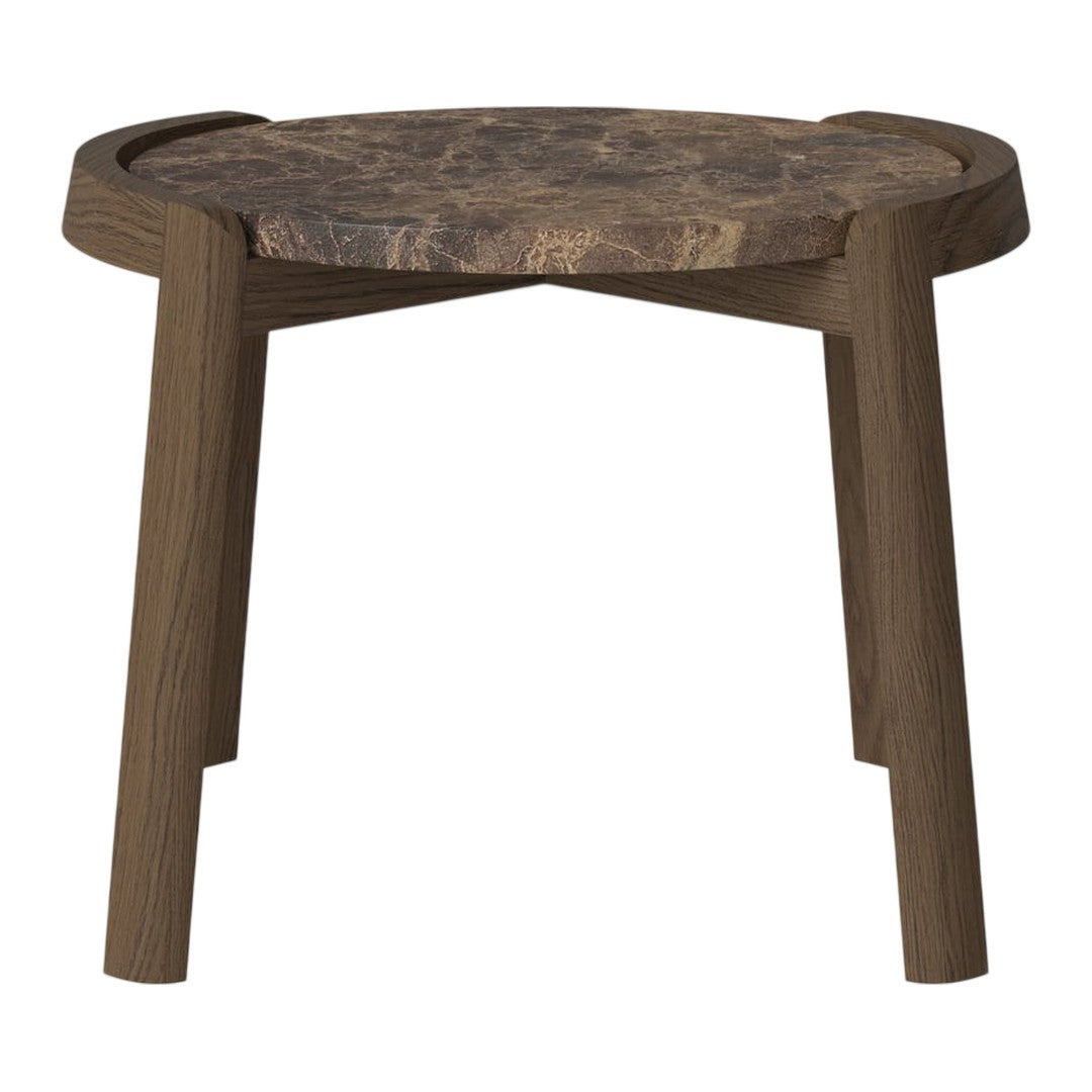 Round wooden side table with a natural brown finish and unique grain pattern. Perfect for rustic decor.