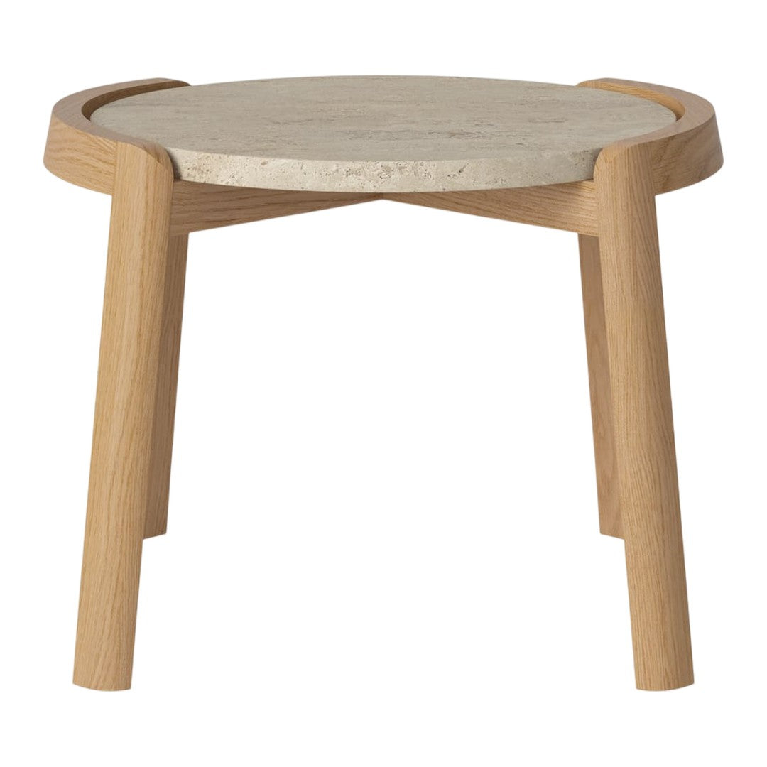Light wood side table with a round, textured stone top and natural finish, showcasing a minimalist design.