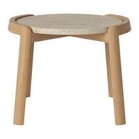 Light wood side table with a round, textured stone top and natural finish, showcasing a minimalist design.