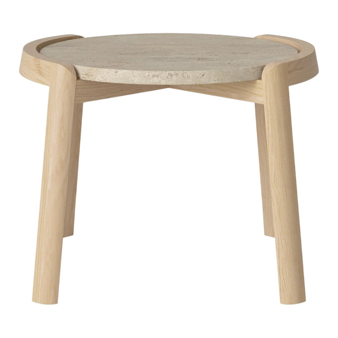 Light wood side table with a smooth, round top and natural finish, featuring subtle texture and minimalistic design.