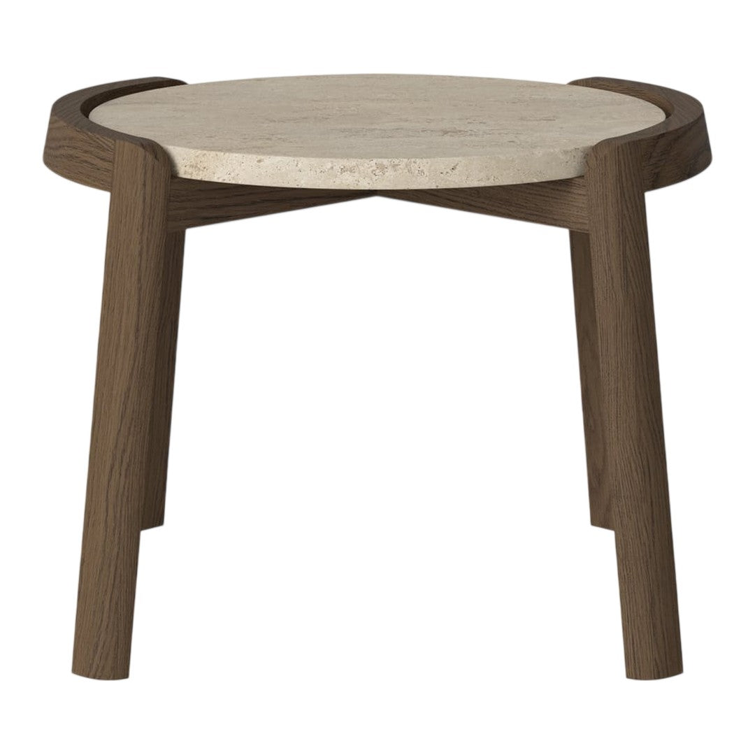 Natural wood-tone legs with a light stone-patterned round top, modern design for versatile decor.