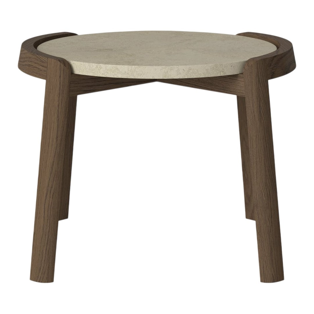 Light grey round tabletop with smooth finish, paired with dark wood legs featuring a natural grain pattern.