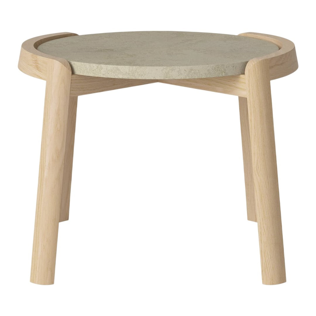 Light wooden legs with a round, smooth gray cement top in a minimalist design. Ideal for modern decor.