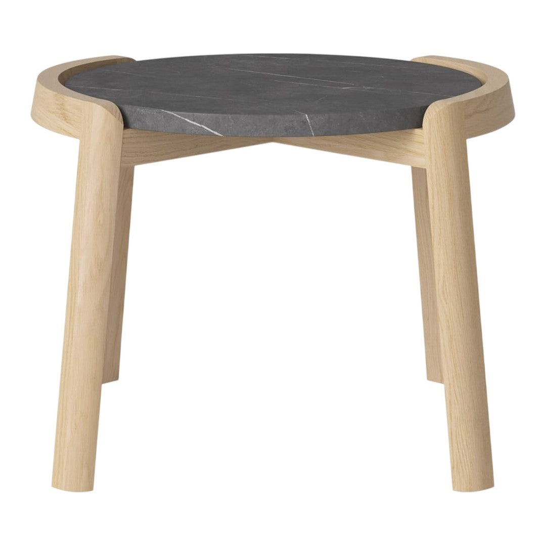 Natural wood legs with a sleek dark gray marble top, featuring subtle veining for modern elegance.