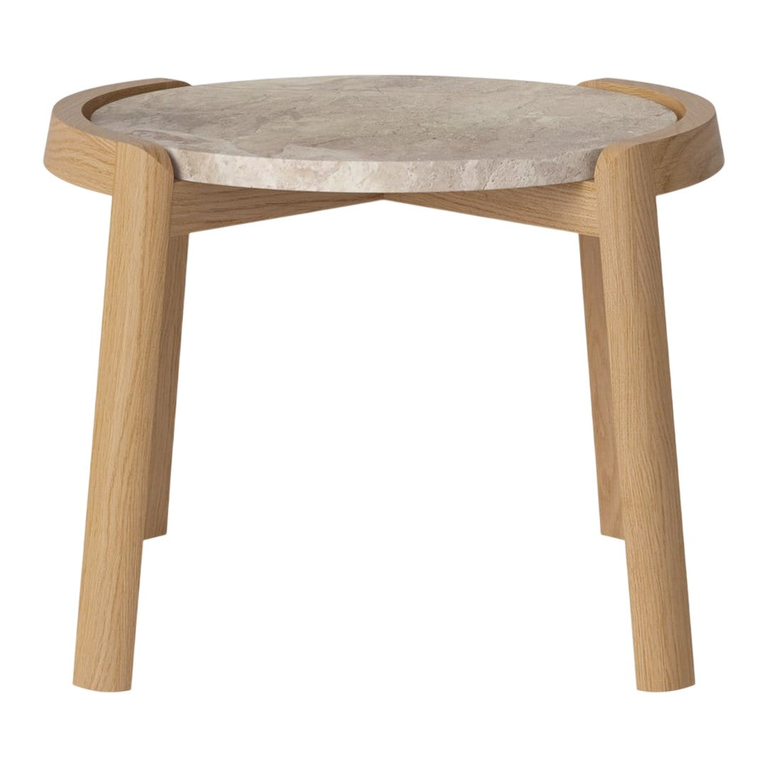 Light wooden legs with a round grey stone top, showcasing a smooth texture and natural finish for a modern look.
