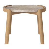 Light wooden legs with a round grey stone top, showcasing a smooth texture and natural finish for a modern look.