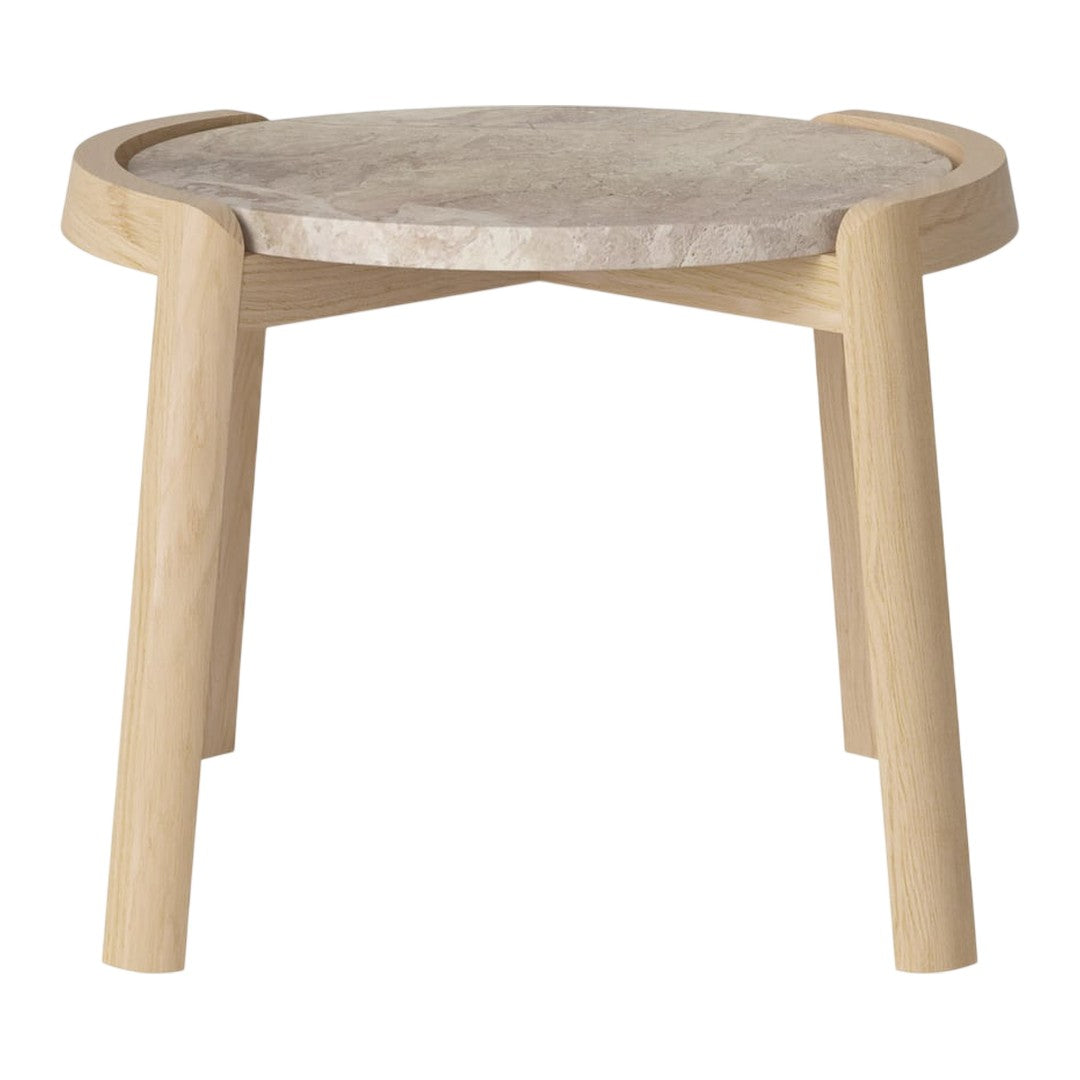 Minimalist wooden stool with a natural wood finish and a smooth, light marble top, featuring subtle veining.