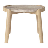 Minimalist wooden stool with a natural wood finish and a smooth, light marble top, featuring subtle veining.