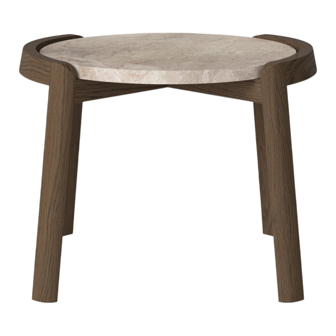 Round marble table with a natural wood finish and a smooth, light-colored surface. Elegant and modern design.