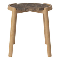 Natural wood stool with a light oak base and a textured dark stone top, featuring unique grain patterns.