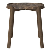 Natural wood side table with a distinctive grain pattern and rich brown tones, complementing any modern decor.