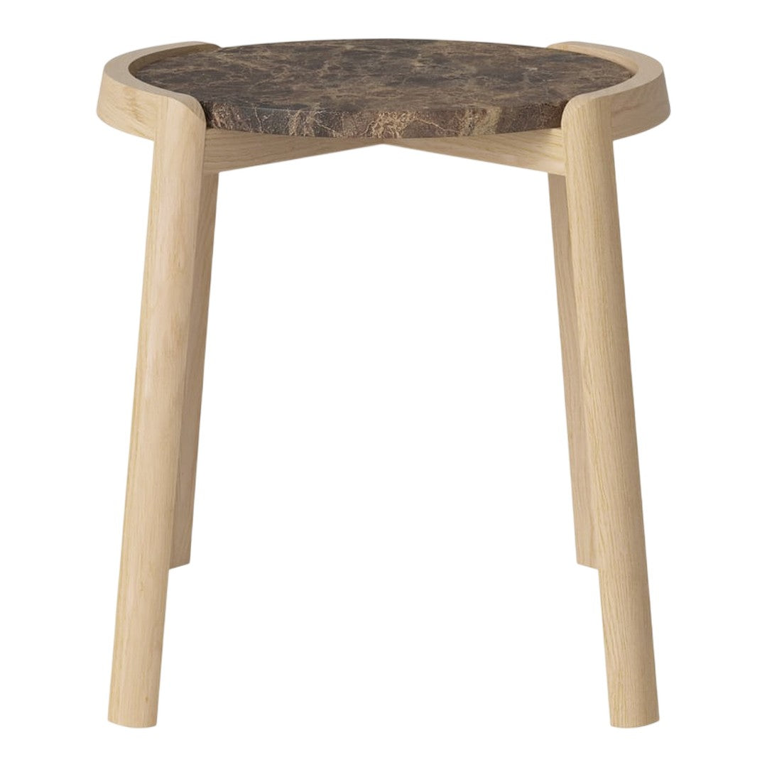 Natural wood stool featuring a dark wood top and light wooden legs, showcasing a modern, minimalist design.