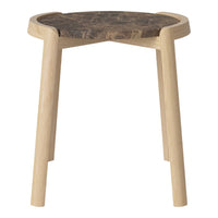 Natural wood stool featuring a dark wood top and light wooden legs, showcasing a modern, minimalist design.