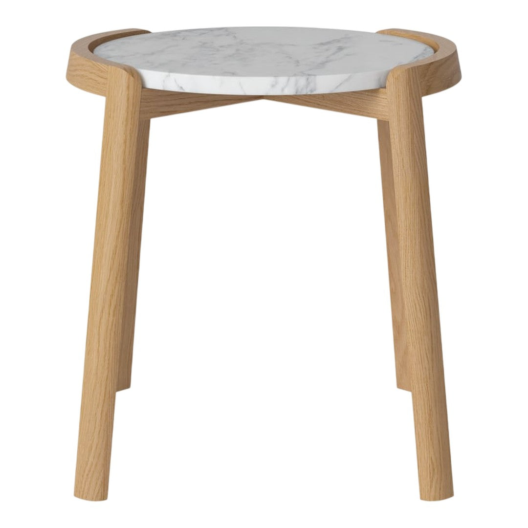 Wooden accent table with a light oak finish and a sleek white marble top, featuring smooth, curved edges.