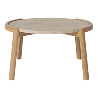Natural wood coffee table with a round, light-colored marble top and minimalist design.