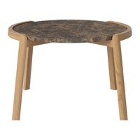 Round wooden side table with a textured dark brown top and natural light wood legs. Ideal for modern decor.