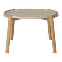 Round table with a light beige stone top and natural wood legs, featuring smooth, clean lines and a minimalist design.