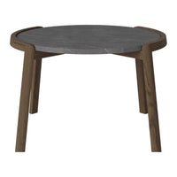Round table with a sleek grey marble top and natural wood legs, featuring a minimalist design.