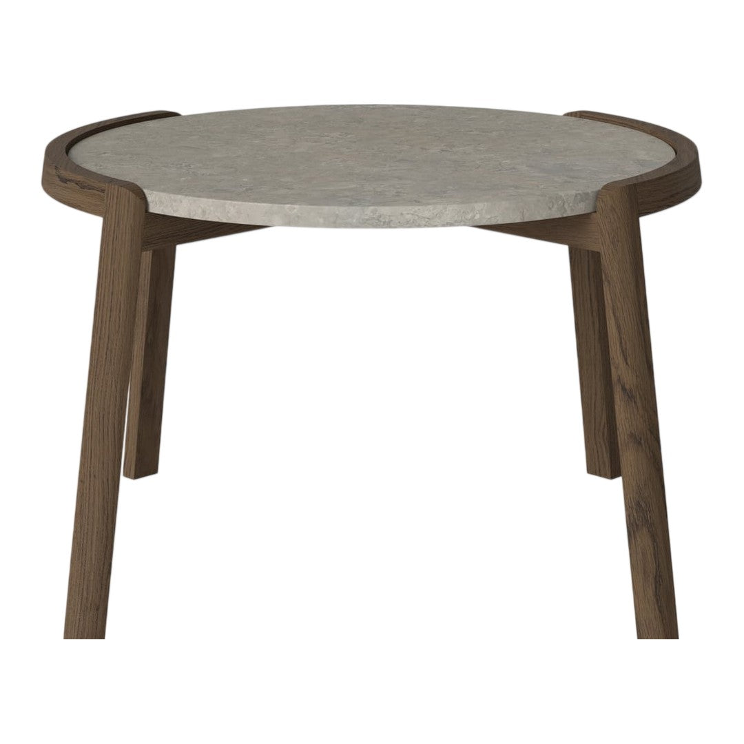 Round coffee table with a light gray stone top and warm brown wooden legs. Modern design with natural colors and clean lines.