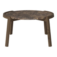 Round coffee table with a dark, marbled top and earthy-toned wooden legs. Modern and stylish design.