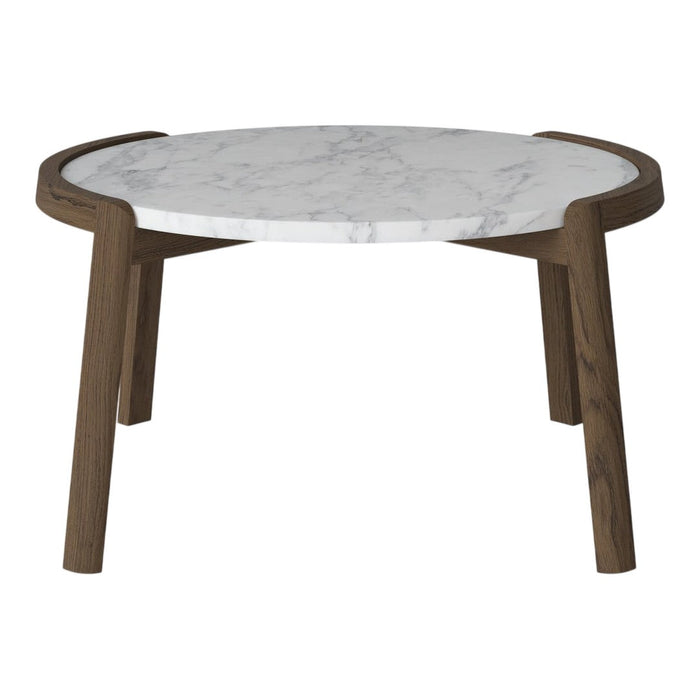 Round marble coffee table with a sleek white surface and rich brown wooden legs, featuring a modern, minimalist design.