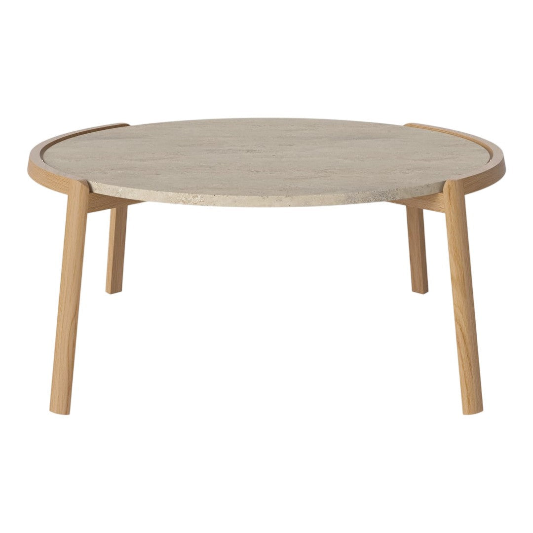 Round coffee table with a light wood top and natural wood legs, featuring a smooth, minimalist design.