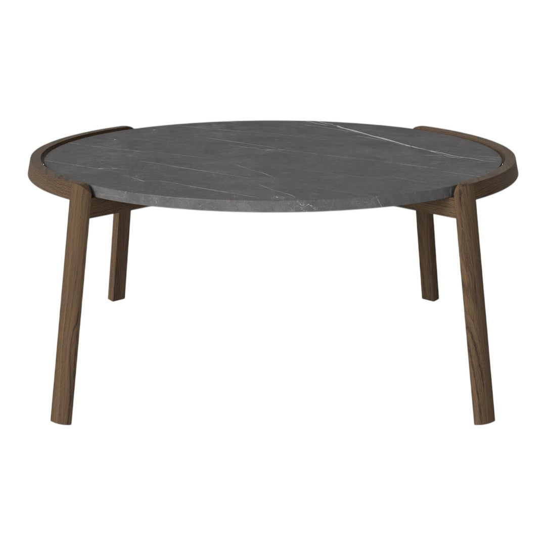 Round coffee table featuring a dark gray marble top and rich brown wooden legs, showcasing a sleek, modern design.