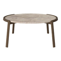 Round coffee table with a marble top and dark wooden legs, featuring a smooth, neutral color palette.