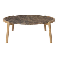 Round coffee table with a brown marble top and natural wood legs, featuring smooth curves and a contemporary design.