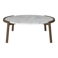 Round coffee table with a white marble top and dark wood legs, featuring a sleek modern design.