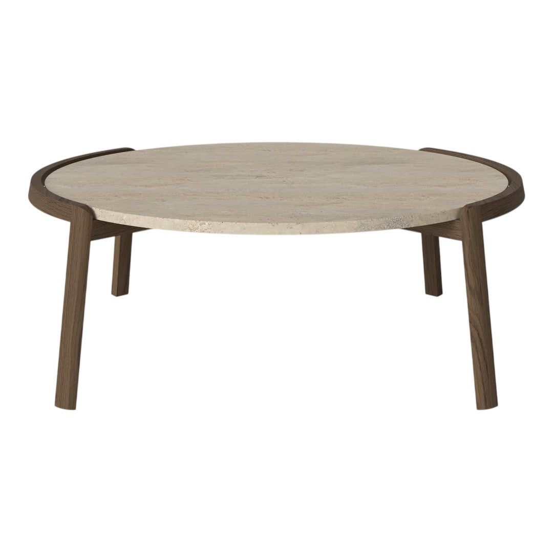 Round coffee table with a light beige marble top and dark brown wooden legs, featuring a minimalist design.
