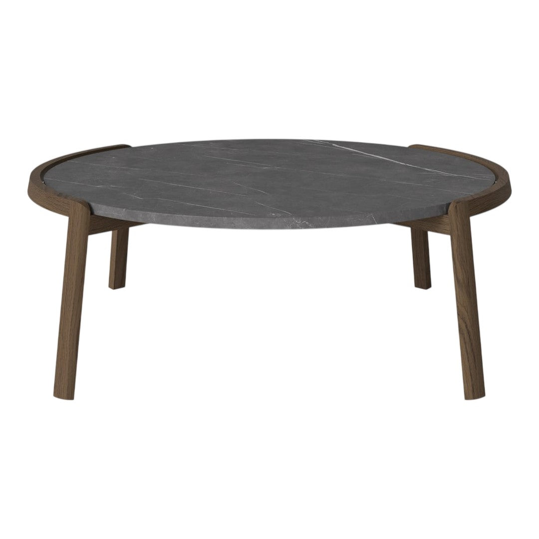 Round coffee table with a dark gray marble top and light brown wooden legs, featuring a sleek, modern design.
