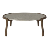Round coffee table with a gray marble top and a contrasting dark wood base, featuring smooth, clean lines.