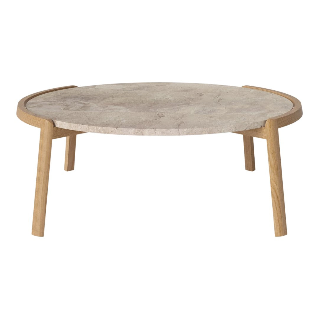 Round coffee table with light beige marble top and natural wood legs, featuring a simple, modern design.