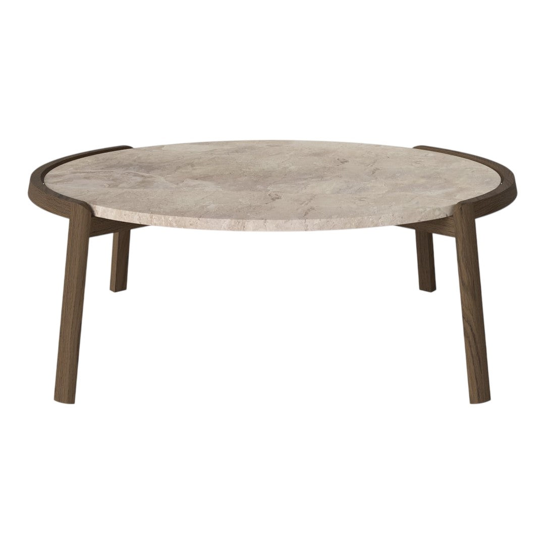 Round coffee table with a light beige marble top and dark brown wooden legs, featuring a sleek, minimal design.