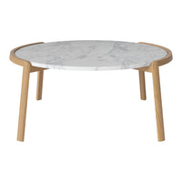 Round coffee table with a white marble top and natural wood legs, featuring a sleek and modern design.
