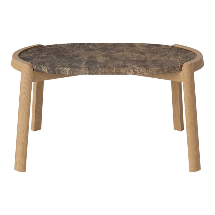Natural wood legs support a unique, dark patterned tabletop with earthy tones. Ideal for modern home decor.