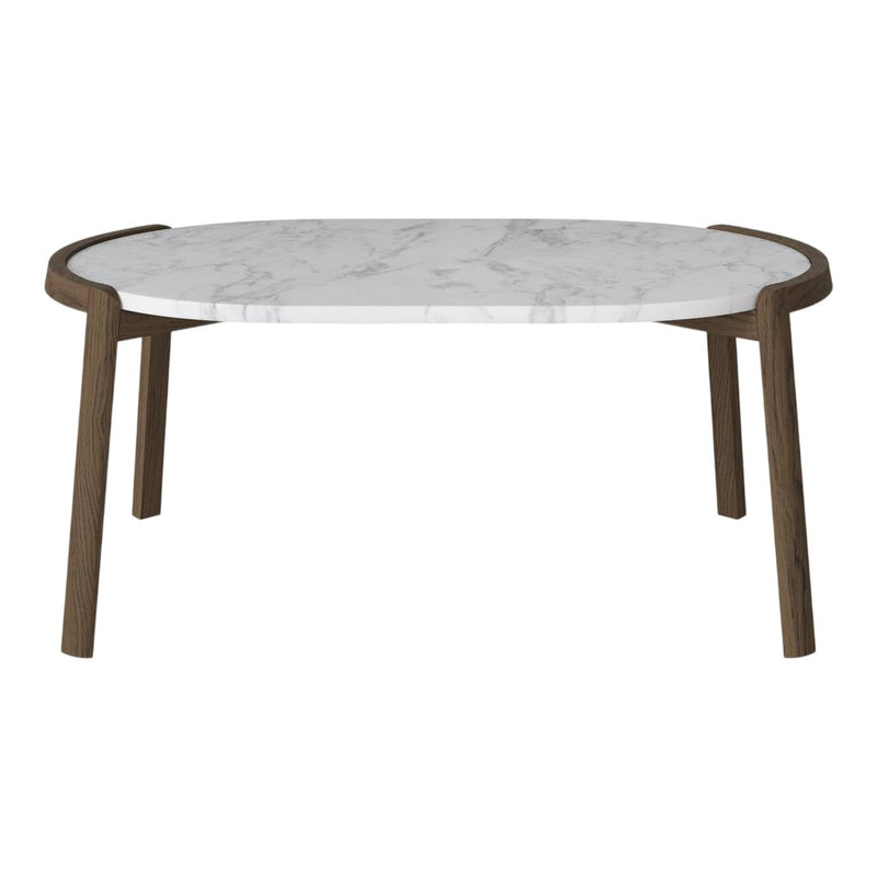 Stylish oval coffee table with a white marble top and natural wood legs, featuring sleek lines and elegant patterns.