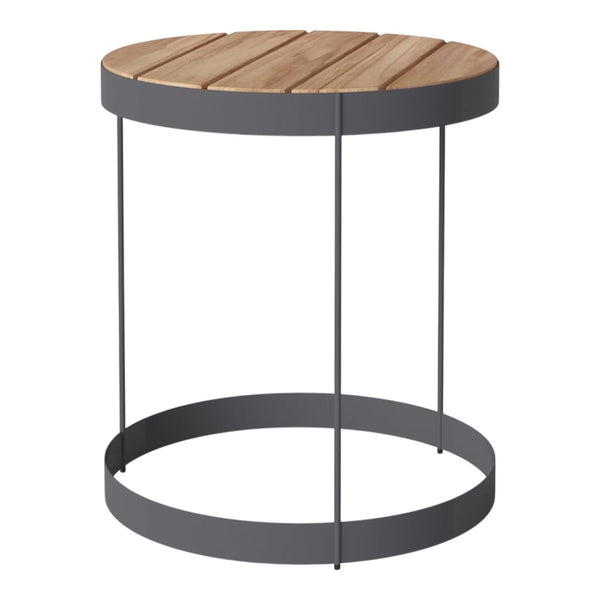 Round side table featuring a natural wood top and a sleek black metal frame. Modern and minimalist design.