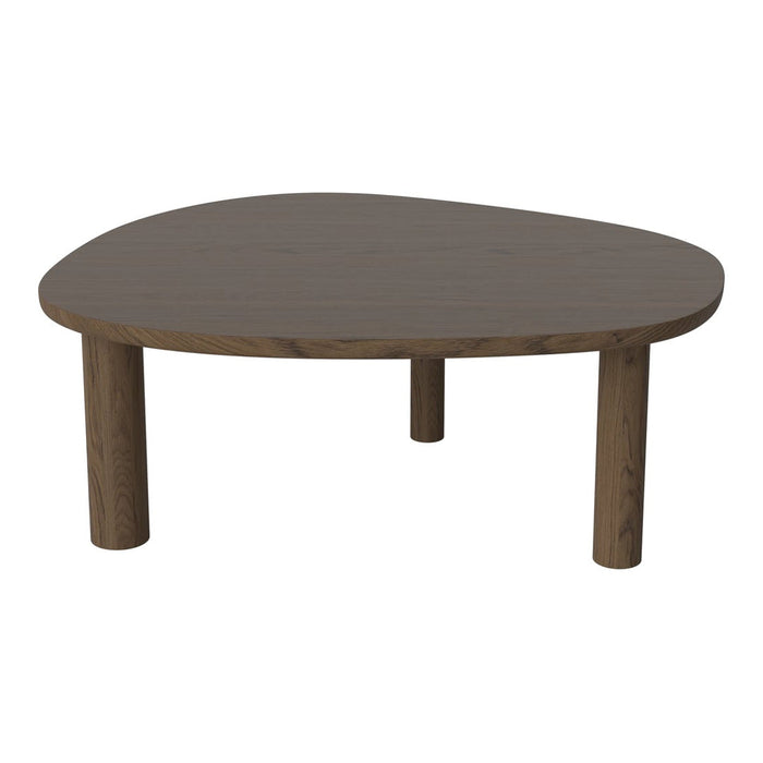 "Dark brown wooden coffee table with a unique organic shape and smooth surface."