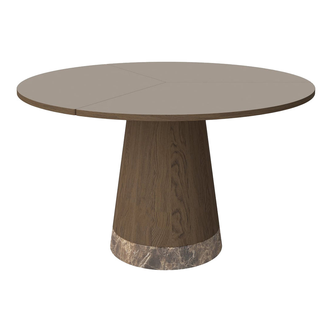 Round table with a brown wood finish and marble-patterned base, elegant, modern design.