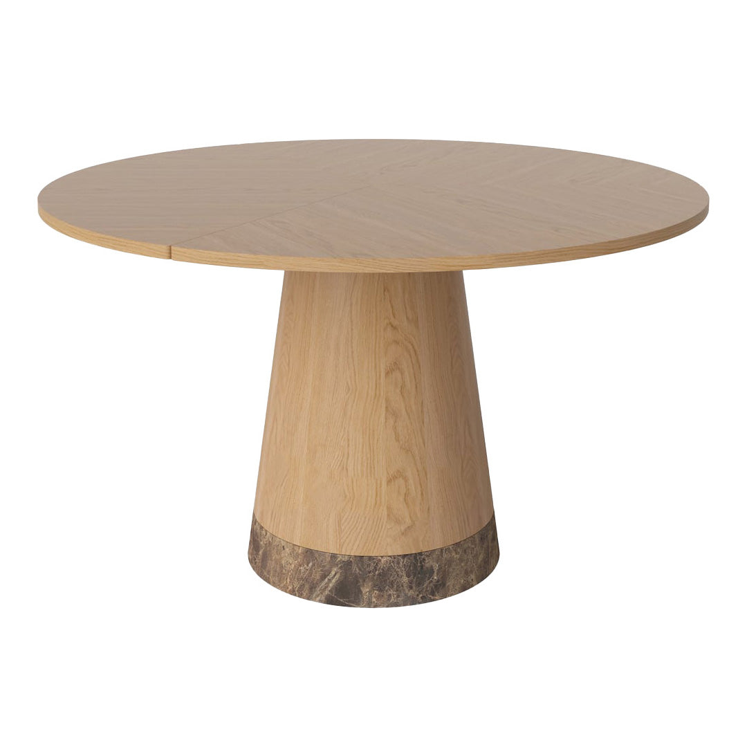 Round wooden table in natural light wood with a dark, patterned base for an elegant, modern look.