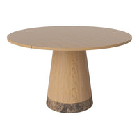 Round wooden table in natural light wood with a dark, patterned base for an elegant, modern look.