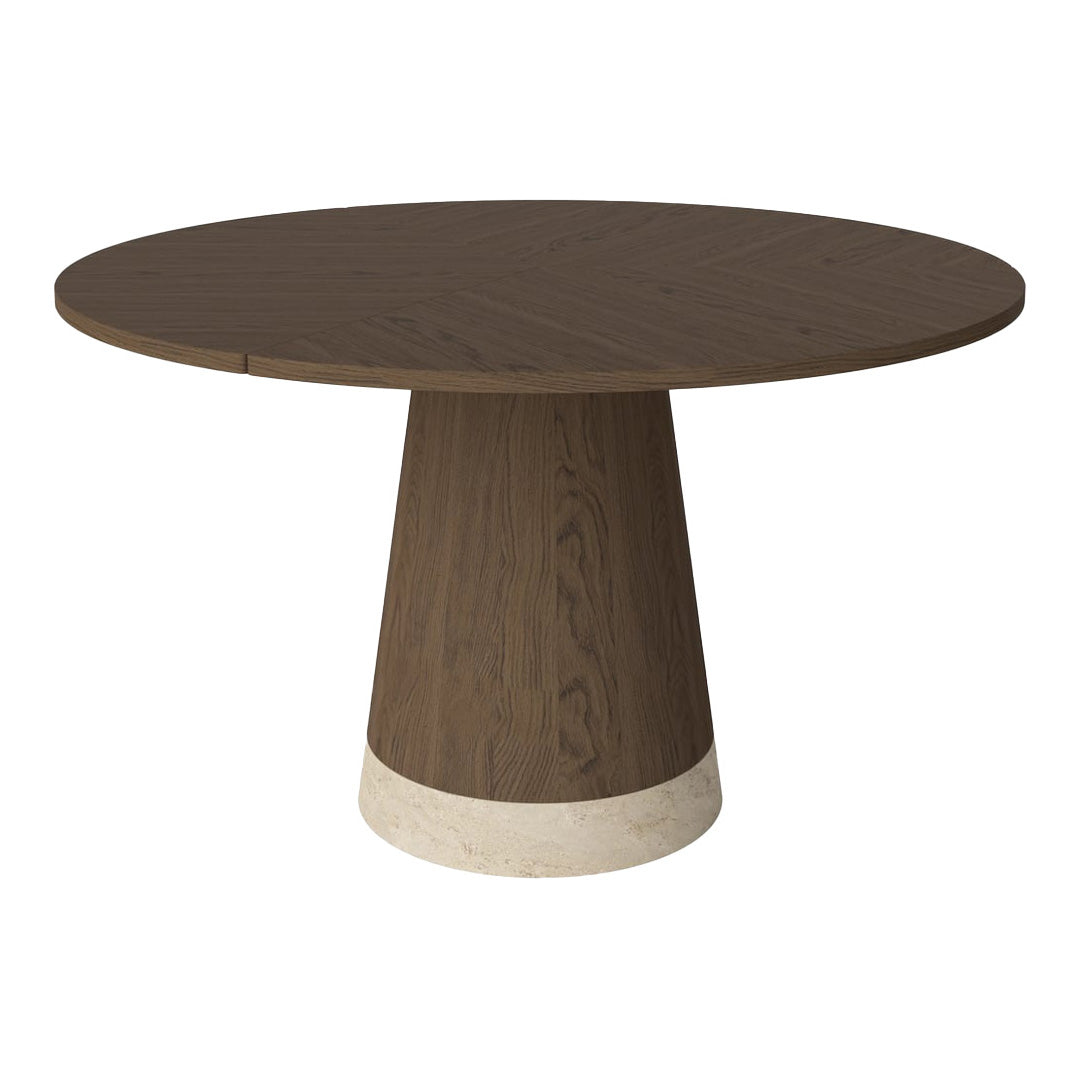 Round wooden table with a dark brown finish and a contrasting light stone base, showcasing a modern design.