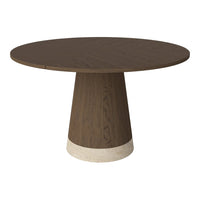 Round wooden table with a dark brown finish and a contrasting light stone base, showcasing a modern design.
