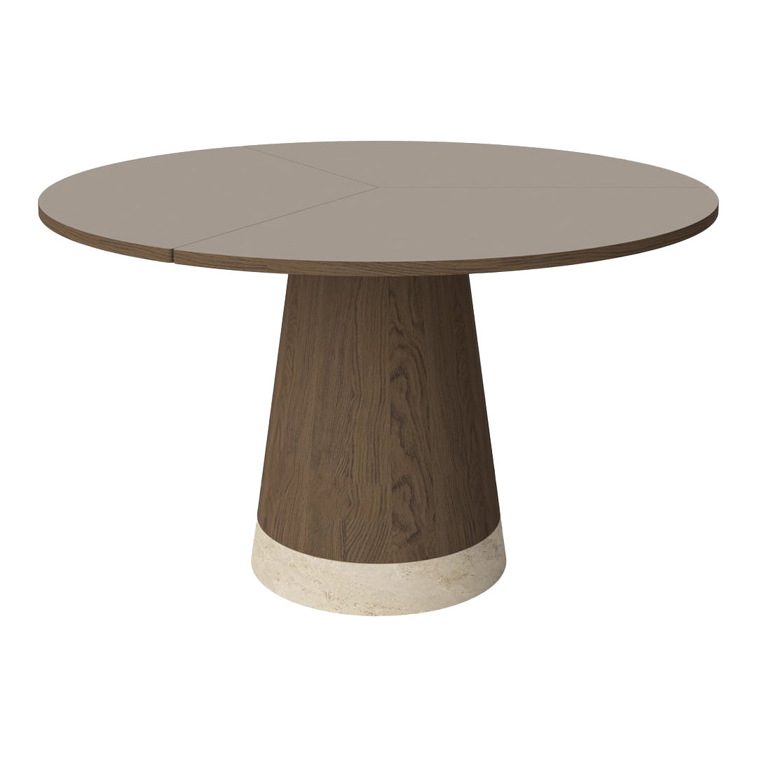 Round dining table with a smooth taupe top and a tapered brown wooden base, accented by a light stone bottom.