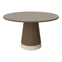 Round dining table with a smooth taupe top and a tapered brown wooden base, accented by a light stone bottom.